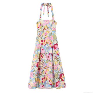 Women's Elegant Floral Print Halter Midi Dress Sleeveless Backless A-Line Swing Dress With Bow Tie For Summer Beach Vacation Party