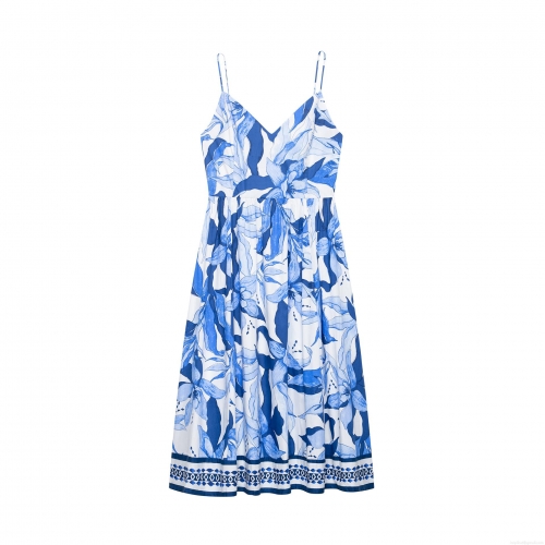 Women's Bohemian Floral Print Cami Midi Dress V Neck Sleeveless Polyester Summer Beach Vacation Sundress With Smocking Back For Women