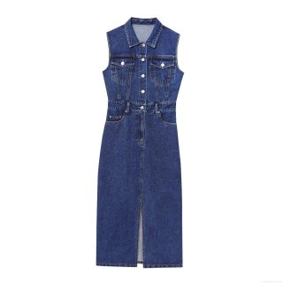 Women's Sleeveless Denim Midi Dress Navy Blue Single Breasted Shirt Collar Front Slit Long Jean Dress Elegant Lady Casual Clothing