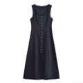 Women Elegant Square Neck Sleeveless Midi Dress Polyester Linen Blend Waist Cinched Front Button Side Slit A-Line Party Dress For Ladies Fashion Summer Autumn Clothing