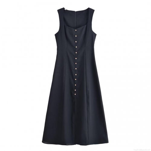 Women Elegant Square Neck Sleeveless Midi Dress Polyester Linen Blend Waist Cinched Front Button Side Slit A-Line Party Dress For Ladies Fashion Summer Autumn Clothing