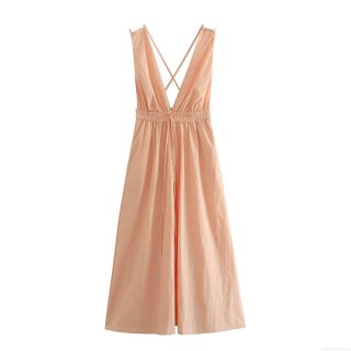 Women Sexy Deep V Neck Backless Midi Dress Elegant Cross Strap High Waist Split Hem Solid Color Sleeveless Long Dress For Summer Party Evening Vacation