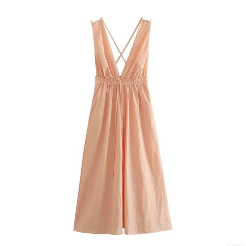 Women Sexy Deep V Neck Backless Midi Dress Elegant Cross Strap High Waist Split Hem Solid Color Sleeveless Long Dress For Summer Party Evening Vacation