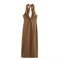 Elegant Women Halter Midi Dress Pleated Deep V-neck Backless Linen Blend Sexy Sleeveless Long Dress For Evening Party Vacation