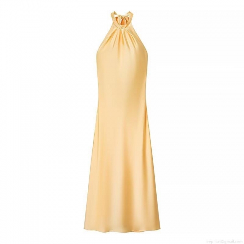 Women's Elegant Satin Halter Neck Midi Dress Backless Champagne Gold Silk-Like A-Line Long Dress For Party Evening Wedding Guest