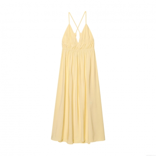 Women's V Neck Ruched Midi Cami Dress 100% Polyester Backless Cross Straps Drawstring Elegant Summer Party Evening Long Dress For Women