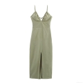 Women Elegant Sage Green Linen Blend Camisole Midi Dress V-Neck Backless Lace-Up Front Slit Summer Vacation Party Dress For Women