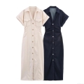 Women's Short Sleeve Denim Midi Dress Elegant Lapel Button-Down Shirt Dress With Pockets Slim Fit Waist Gathering Solid Color Summer Fashion Dress