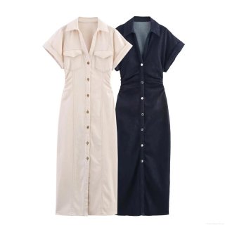 Women's Short Sleeve Denim Midi Dress Elegant Lapel Button-Down Shirt Dress With Pockets Slim Fit Waist Gathering Solid Color Summer Fashion Dress