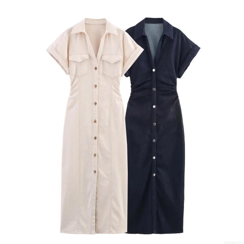 Women's Short Sleeve Denim Midi Dress Elegant Lapel Button-Down Shirt Dress With Pockets Slim Fit Waist Gathering Solid Color Summer Fashion Dress
