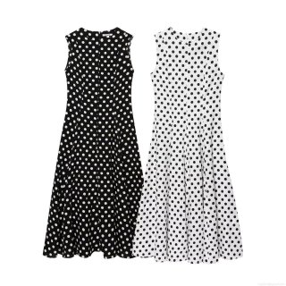 Women Vintage Polka Dot Sleeveless A-Line Midi Dress Retro Round Neck High Waist High Quality Polyester Elegant Party Sun Dress for Women Ladies