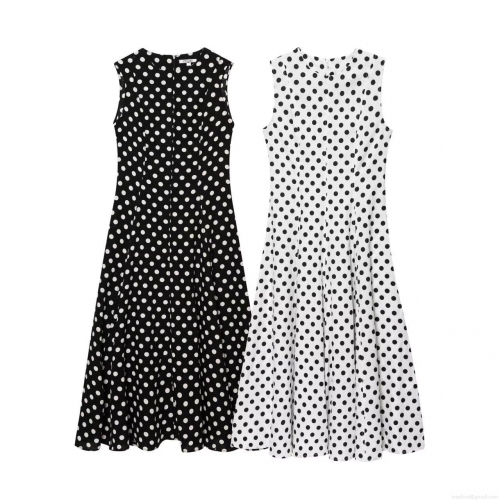 Women Vintage Polka Dot Sleeveless A-Line Midi Dress Retro Round Neck High Waist High Quality Polyester Elegant Party Sun Dress for Women Ladies