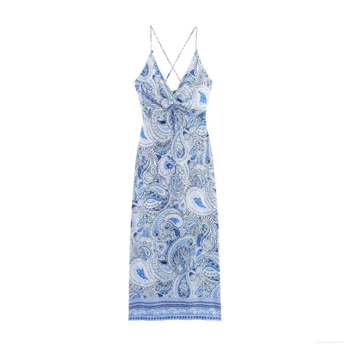 Women Bohemian Blue Paisley Print Linen Blend Midi Dress V Neck Halter Backless Split Summer Vacation Beach Long Dress