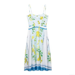 Women's Summer Lemon Print Slip Midi Dress 100% Polyester Backless Bow Tie A-Line Vacation Sun Dress For Ladies