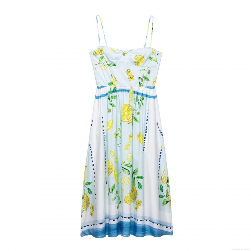 Women's Summer Lemon Print Slip Midi Dress 100% Polyester Backless Bow Tie A-Line Vacation Sun Dress For Ladies