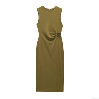 Women Elegant Olive Green Sleeveless Midi Dress Polyester Ribbed Knit Solid Color Round Neck Slim Fit Party Evening Dress With Waist Button Pleats
