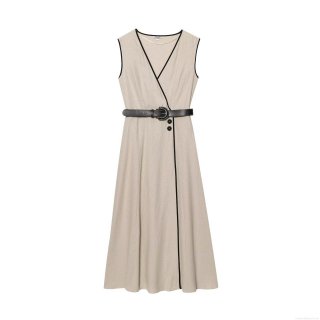 Women's Elegant V-Neck Sleeveless Midi Dress Cotton Linen Blend Contrast Piping A-Line Dress With Belt For Office Party Summer Casual Khaki Beige Clothing