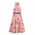 Women's Elegant Floral Print Halter Neck Midi Dress Sleeveless Layered Tiered Chiffon Long Dress With Belt For Summer Vacation Party