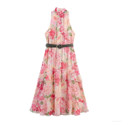 Women's Elegant Floral Print Halter Neck Midi Dress Sleeveless Layered Tiered Chiffon Long Dress With Belt For Summer Vacation Party