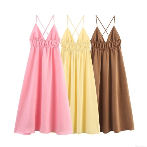 Women Sexy Deep V Neck Slip Midi Dress Elegant Backless Pleated A-Line Long Dress Solid Color Polyester Party Evening Dress For Ladies