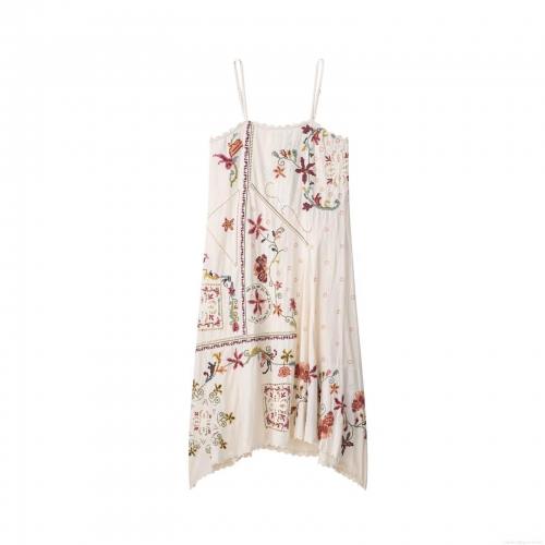 Women's Bohemian Cotton Linen Blend Sling Dress Irregular Hem Floral Embroidery Midi Dress For Summer Vacation Ethnic Style Sleeveless U-Neck Beach Sundress Beige