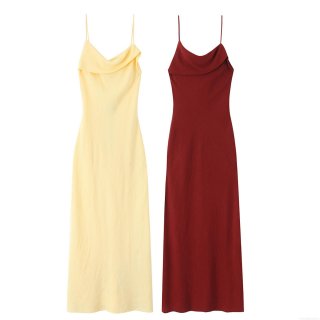 Women Elegant Cowl Neck Spaghetti Strap Midi Dress Backless Cross Tie Ramie Blend Solid Color Evening Party Summer Sundress