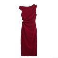 Women's Elegant One-Shoulder Midi Dress Linen Blend Pleated Slim Fit Bodycon Cocktail Party Dress Burgundy Sleeveless With Metal Buckle Decoration