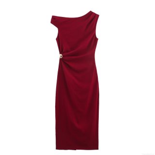 Women's Elegant One-Shoulder Midi Dress Linen Blend Pleated Slim Fit Bodycon Cocktail Party Dress Burgundy Sleeveless With Metal Buckle Decoration