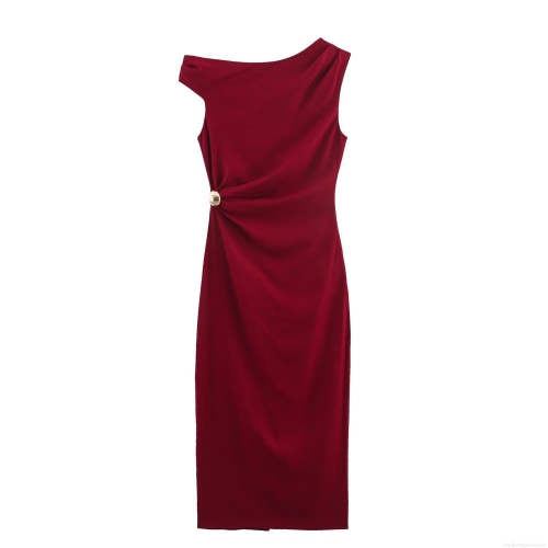 Women's Elegant One-Shoulder Midi Dress Linen Blend Pleated Slim Fit Bodycon Cocktail Party Dress Burgundy Sleeveless With Metal Buckle Decoration
