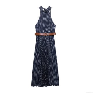 Elegant Polka Dot Halter Neck Midi Dress With Brown Belt Sleeveless Pleated Polyester Dress For Women Summer Retro Party Daily Wear