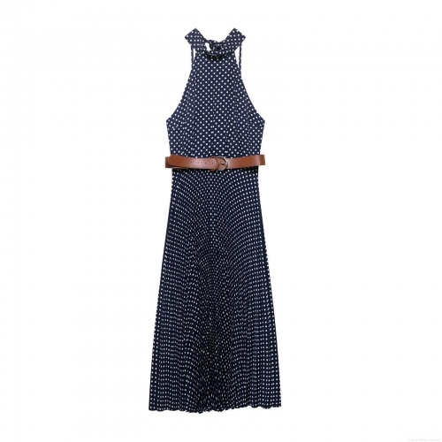 Elegant Polka Dot Halter Neck Midi Dress With Brown Belt Sleeveless Pleated Polyester Dress For Women Summer Retro Party Daily Wear