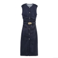 Women's Dark Blue Denim Sleeveless Midi Dress Elegant Pleated A-Line Dress With Gold Flower Buckle Belt Single Breasted Round Neck Dress For Women Party Social Wear