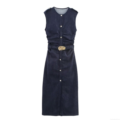 Women's Dark Blue Denim Sleeveless Midi Dress Elegant Pleated A-Line Dress With Gold Flower Buckle Belt Single Breasted Round Neck Dress For Women Party Social Wear