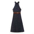Vintage Navy Blue White Polka Dot Halter Neck Midi Pleated Dress With Brown Leather Belt Sleeveless Backless Elegant Party Vacation Dress For Women