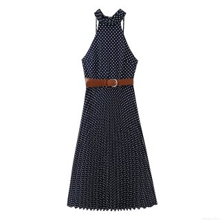 Vintage Navy Blue White Polka Dot Halter Neck Midi Pleated Dress With Brown Leather Belt Sleeveless Backless Elegant Party Vacation Dress For Women