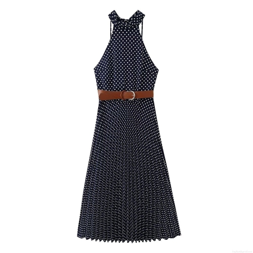 Vintage Navy Blue White Polka Dot Halter Neck Midi Pleated Dress With Brown Leather Belt Sleeveless Backless Elegant Party Vacation Dress For Women