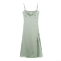 Women Elegant Light Green Satin Cami Dress With Side Slit Ruching Adjustable Straps Open Back Midi Long Slip Dress For Party Wedding Guest Vacation