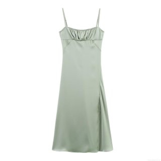 Women Elegant Light Green Satin Cami Dress With Side Slit Ruching Adjustable Straps Open Back Midi Long Slip Dress For Party Wedding Guest Vacation