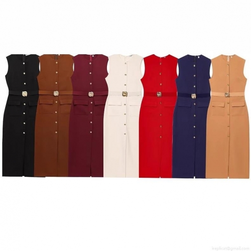 Women's Sleeveless Midi Dress Elegant Polyester Crepe Single Breasted Belted Solid Color Formal Party Evening Commute Slim Fit Dress With Pockets