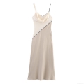 Elegant Women's Patchwork Satin Midi Dress Asymmetric Strap Ivory White Champagne Color Block Sleeveless U Neck Slip Dress for Summer Party Socialite Style