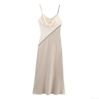 Elegant Women's Patchwork Satin Midi Dress Asymmetric Strap Ivory White Champagne Color Block Sleeveless U Neck Slip Dress for Summer Party Socialite Style