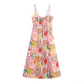 Women Mediterranean Style Linen Blend Midi Dress Summer Lemon Food Print V Neck Backless Bow Tie Back Cami A-Line Dress For Vacation