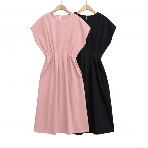 Women's Elegant Solid Color Midi Dress Round Neck Sleeveless Cap Sleeve Pleated Waist Slimming Casual Loose Dresses For Women Party Evening Work