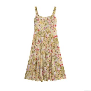 Women's Elegant Floral Print Sleeveless Midi Dress Square Neck Linen Blend A-Line Summer Sundress For Vacation Party Casual Wear
