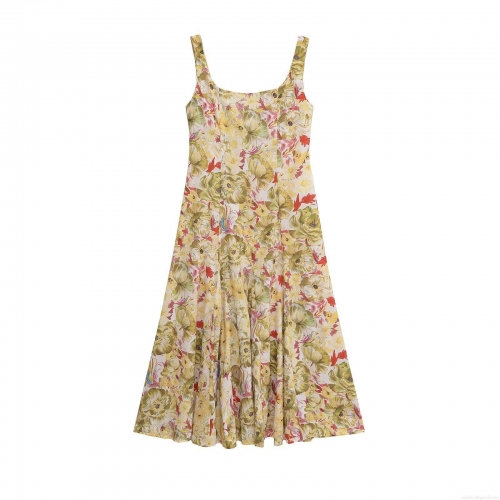 Women's Elegant Floral Print Sleeveless Midi Dress Square Neck Linen Blend A-Line Summer Sundress For Vacation Party Casual Wear