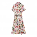 Women's Floral Print Midi Shirt Dress Elegant Short Sleeve Button Up Lapel Casual Summer Long Dress With Belt High Quality Polyester Fabric Women Clothing