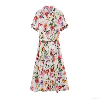 Women's Floral Print Midi Shirt Dress Elegant Short Sleeve Button Up Lapel Casual Summer Long Dress With Belt High Quality Polyester Fabric Women Clothing