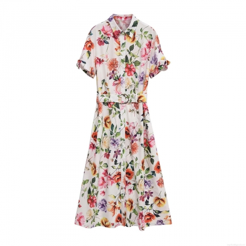 Women's Floral Print Midi Shirt Dress Elegant Short Sleeve Button Up Lapel Casual Summer Long Dress With Belt High Quality Polyester Fabric Women Clothing