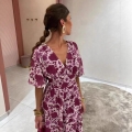 Women's Elegant V-Neck Floral Print Dress Short Sleeve Chiffon Feel Midi Long Dress For Summer Casual Party Wedding Guest Socialite Style