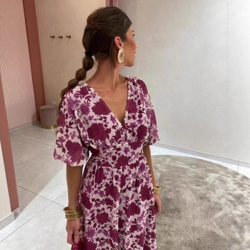 Women's Elegant V-Neck Floral Print Dress Short Sleeve Chiffon Feel Midi Long Dress For Summer Casual Party Wedding Guest Socialite Style